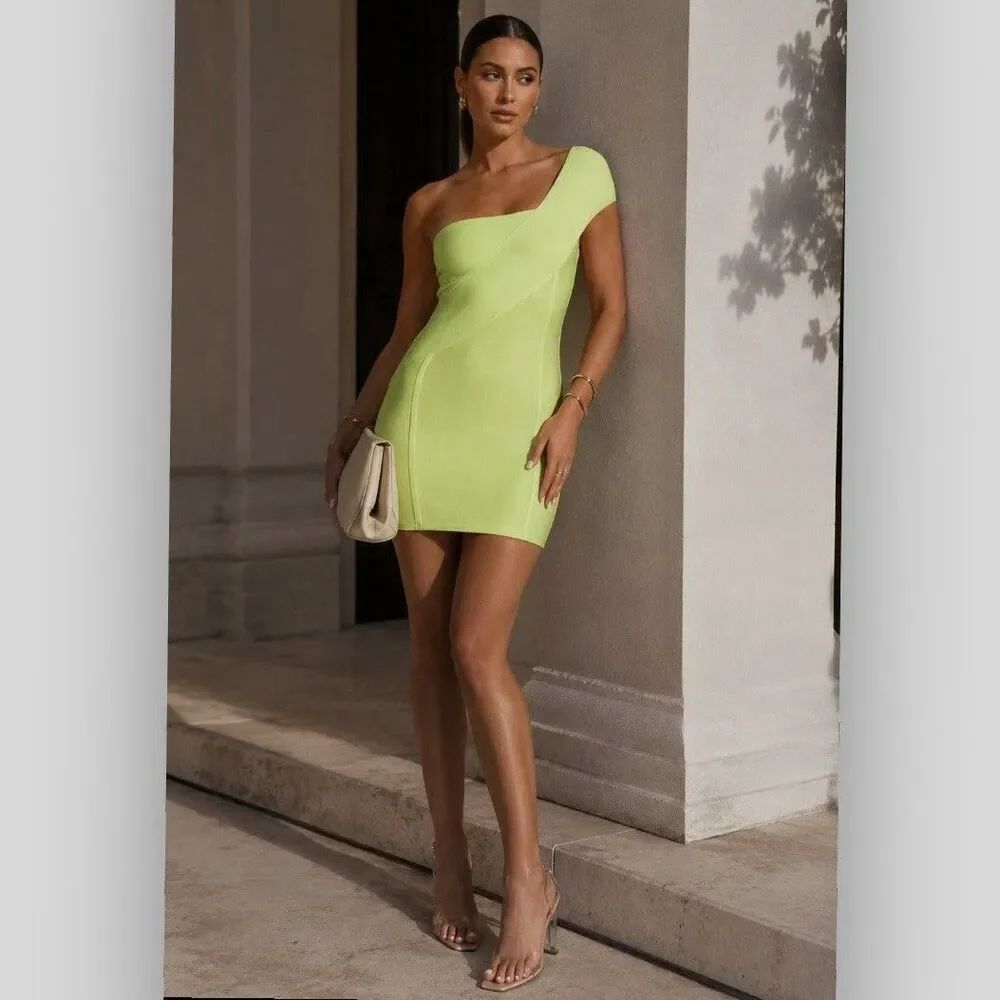 Meshki Eloise Asymmetric One Shoulder Bandage Mini Dress Lime Green Sz M Bodycon
